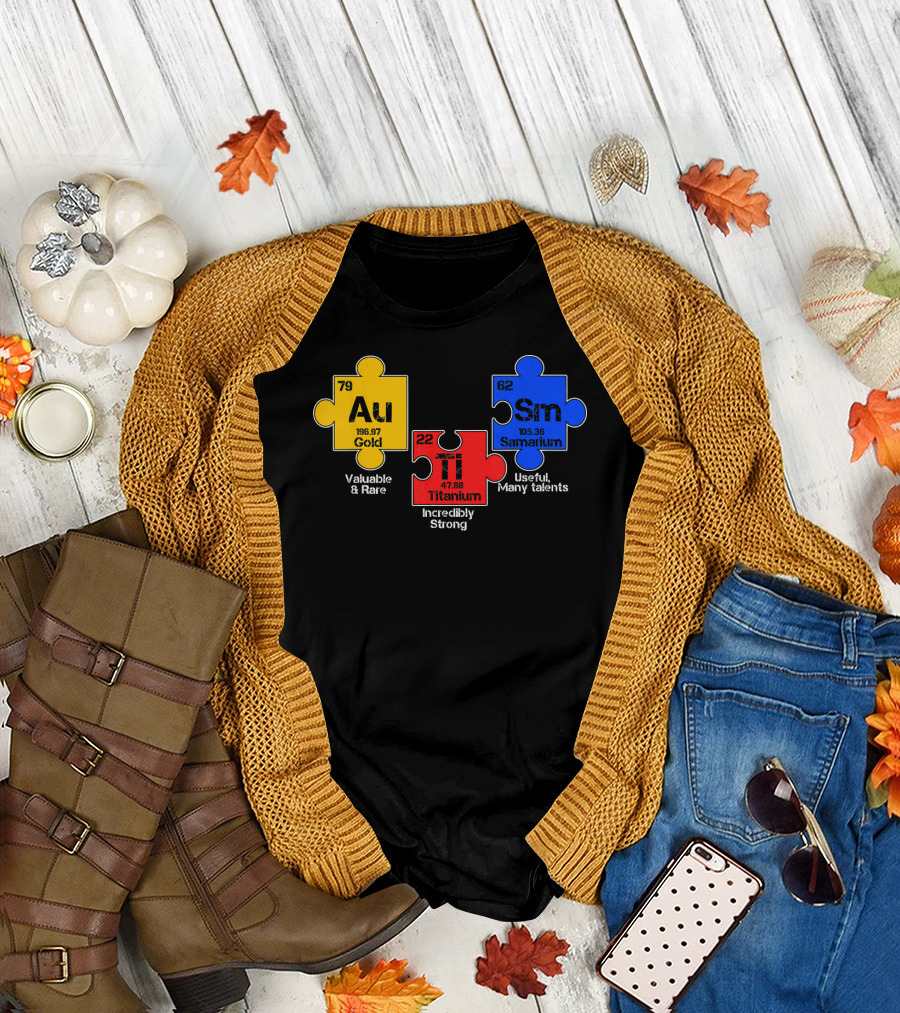 Autism Awareness Day Puzzle Chemical Elements Au Gold Ti Titanium Sm Samarium T-Shirt