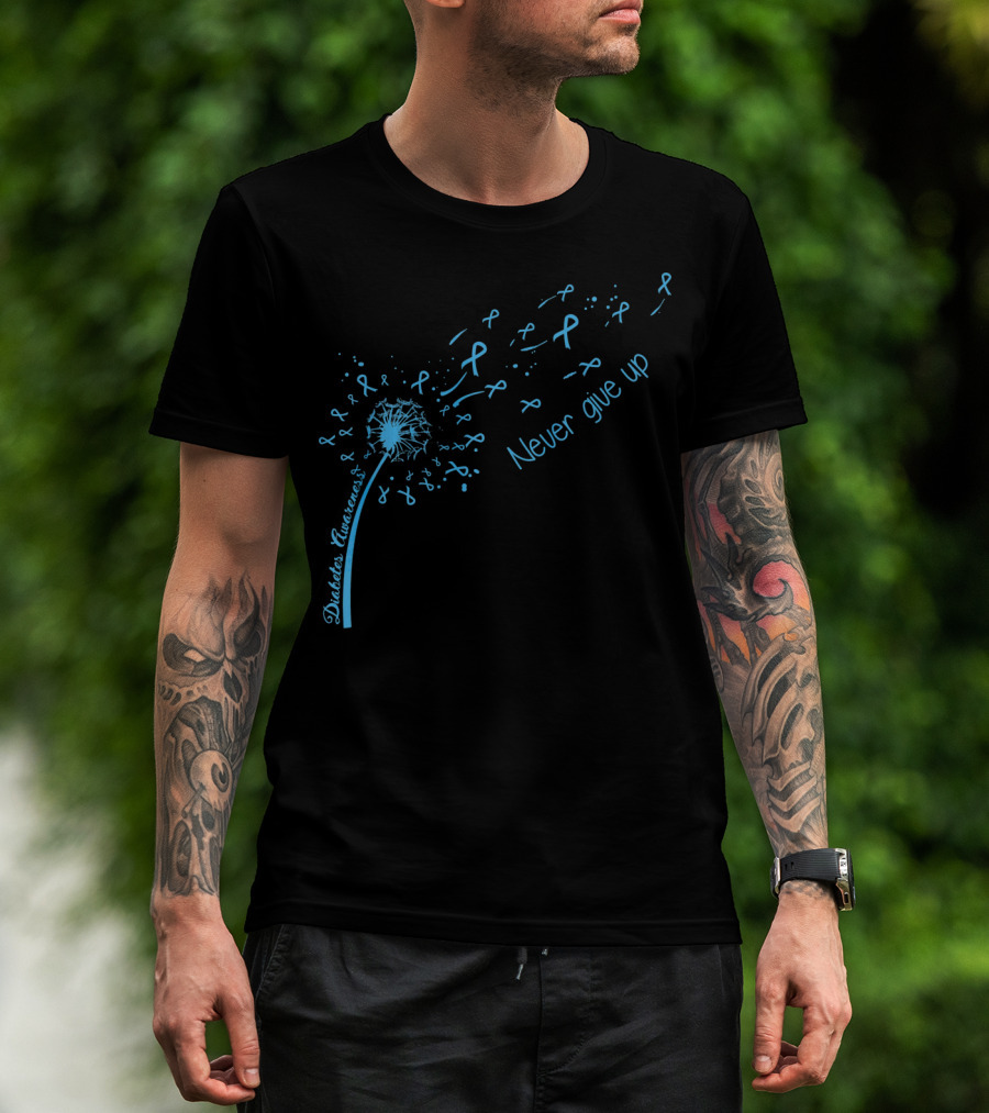 Diabetes Awareness Never Give Up Blue Ribbon Dandelion T-Shirt
