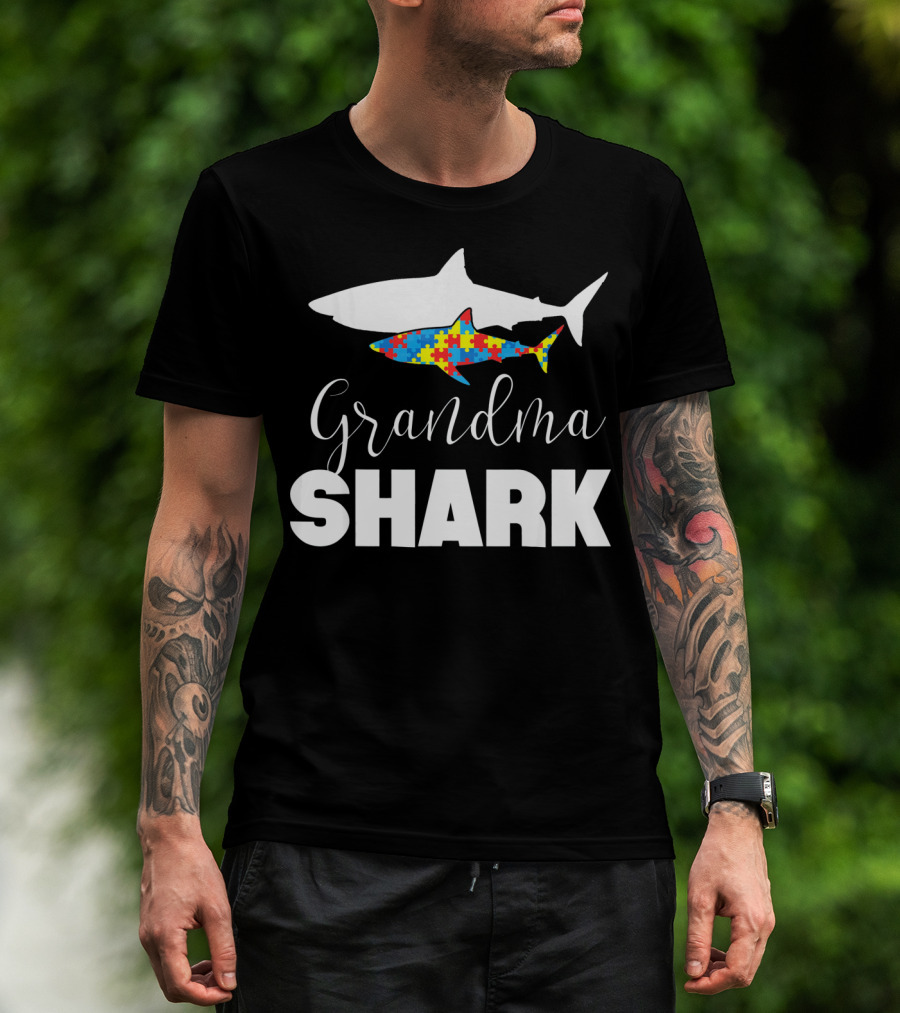 Grandma Shark Puzzle Piece Autism Awareness T-Shirt
