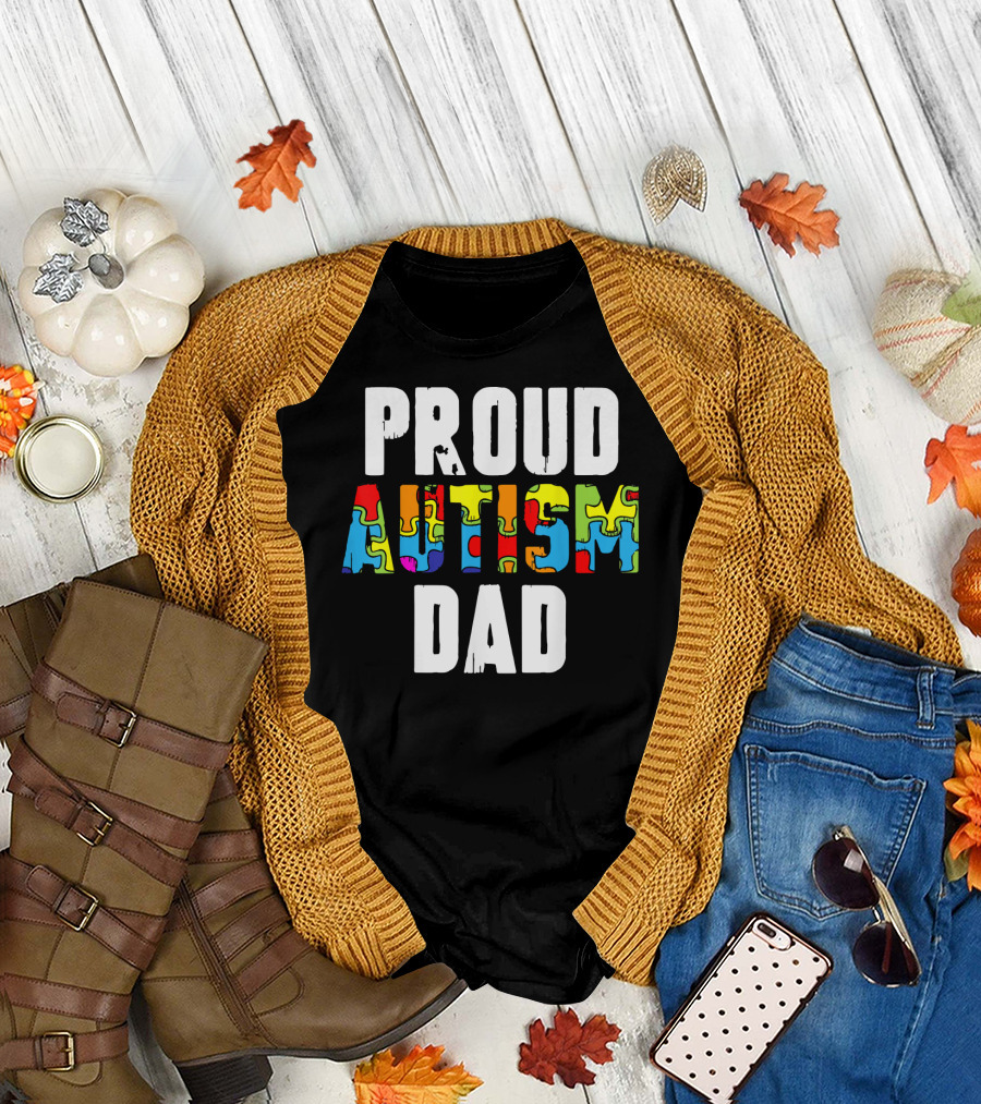 Proud Autism Dad Colorful Puzzle Piece Autism Awareness T-Shirt