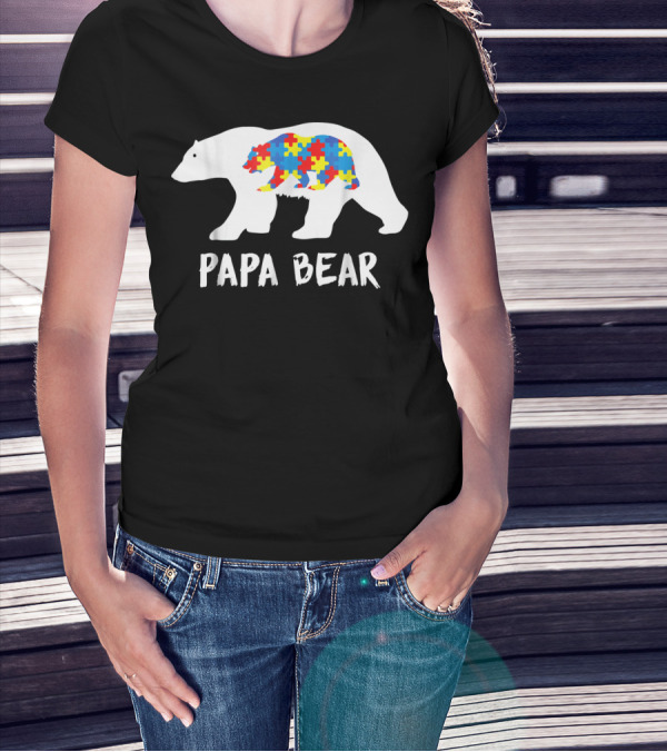 Papa Bear White Bear With Puzzle Bear Autism T-Shirt