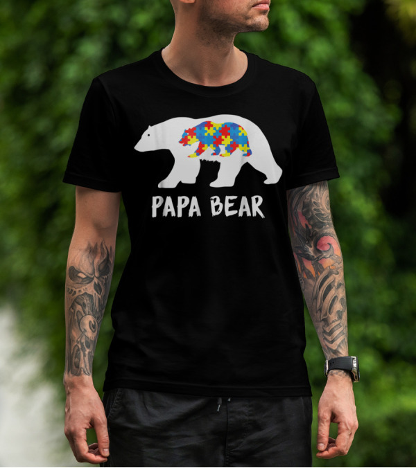 Papa Bear White Bear With Puzzle Bear Autism T-Shirt