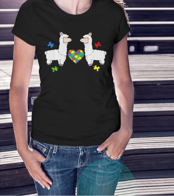 Autism Awareness Llama Puzzle Heart Pieces T-Shirt