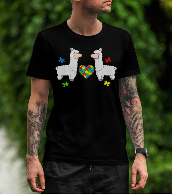 Autism Awareness Llama Puzzle Heart Pieces T-Shirt