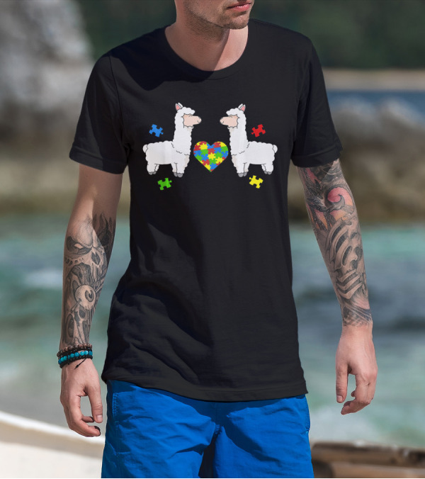 Autism Awareness Llama Puzzle Heart Pieces T-Shirt