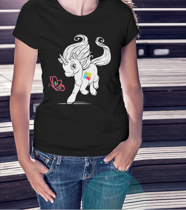 Unicorn Butterfly Autism Puzzle Awareness T-Shirt