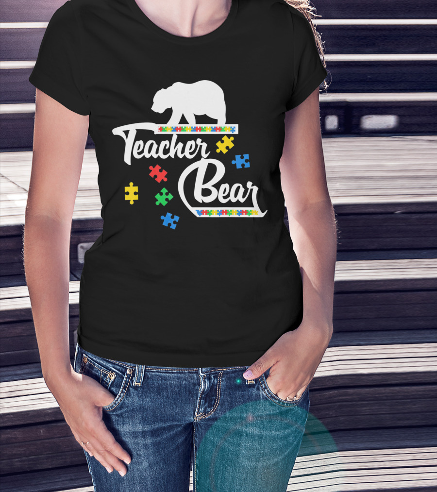 Teacher Bear Autism Awareness Puzzle Pieces T-Shirt