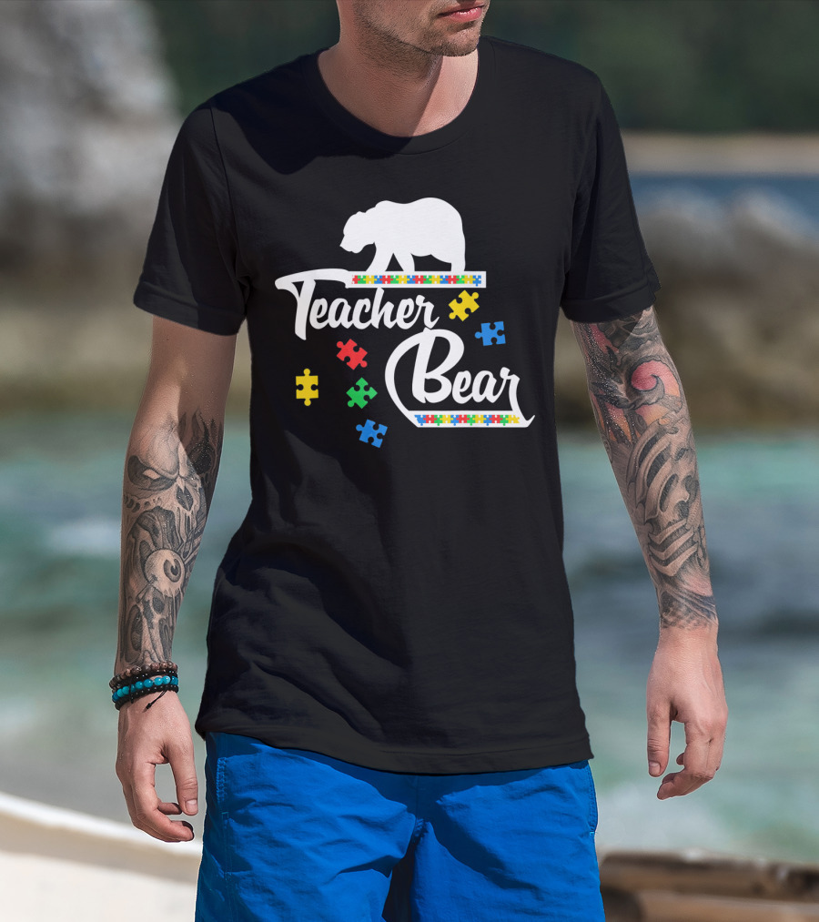 Teacher Bear Autism Awareness Puzzle Pieces T-Shirt