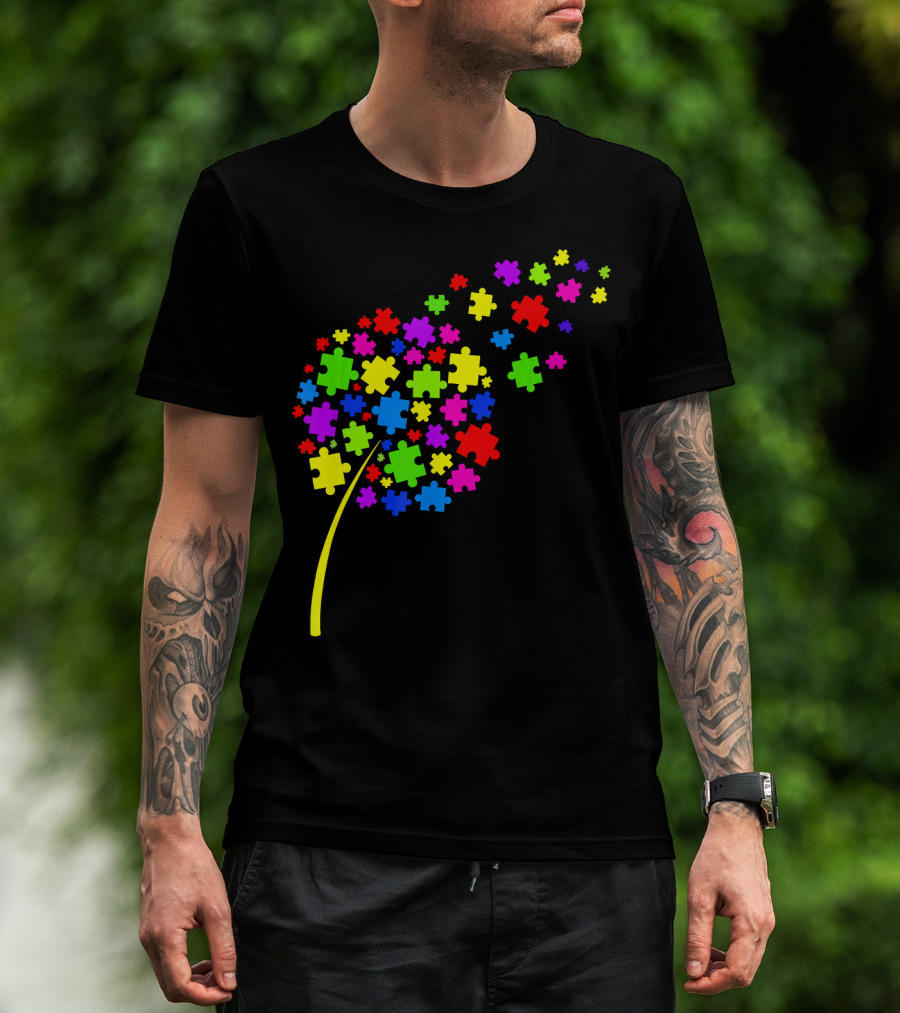 Dandelion Puzzle Pieces Multicolor Autism Awareness T-Shirt