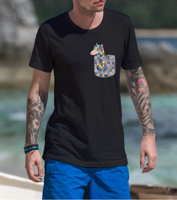 Funny Puzzle Pocket Llama Autism Awareness T-Shirt
