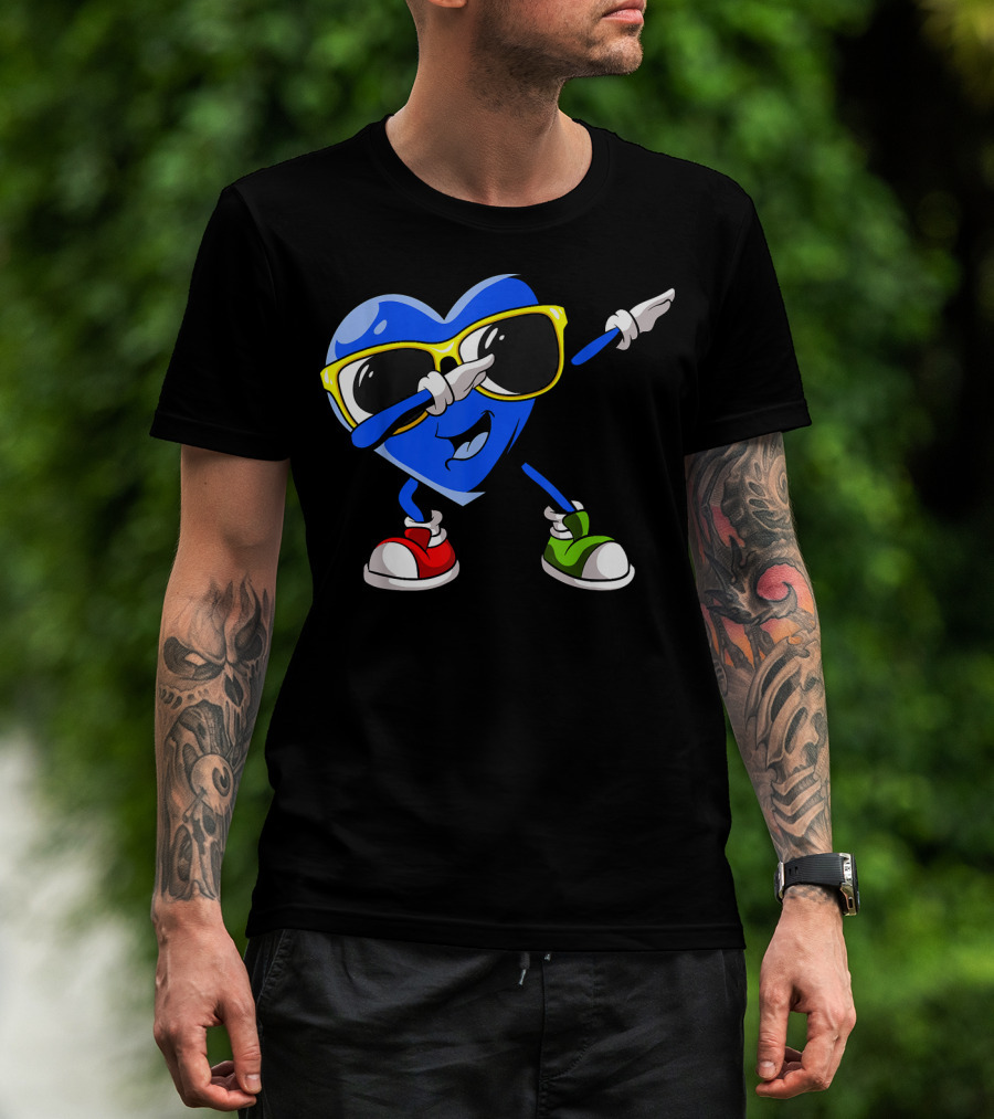 Autism Awareness Dabbing Blue Heart With Sunglasses In Red And Green Sneakers T-Shirt