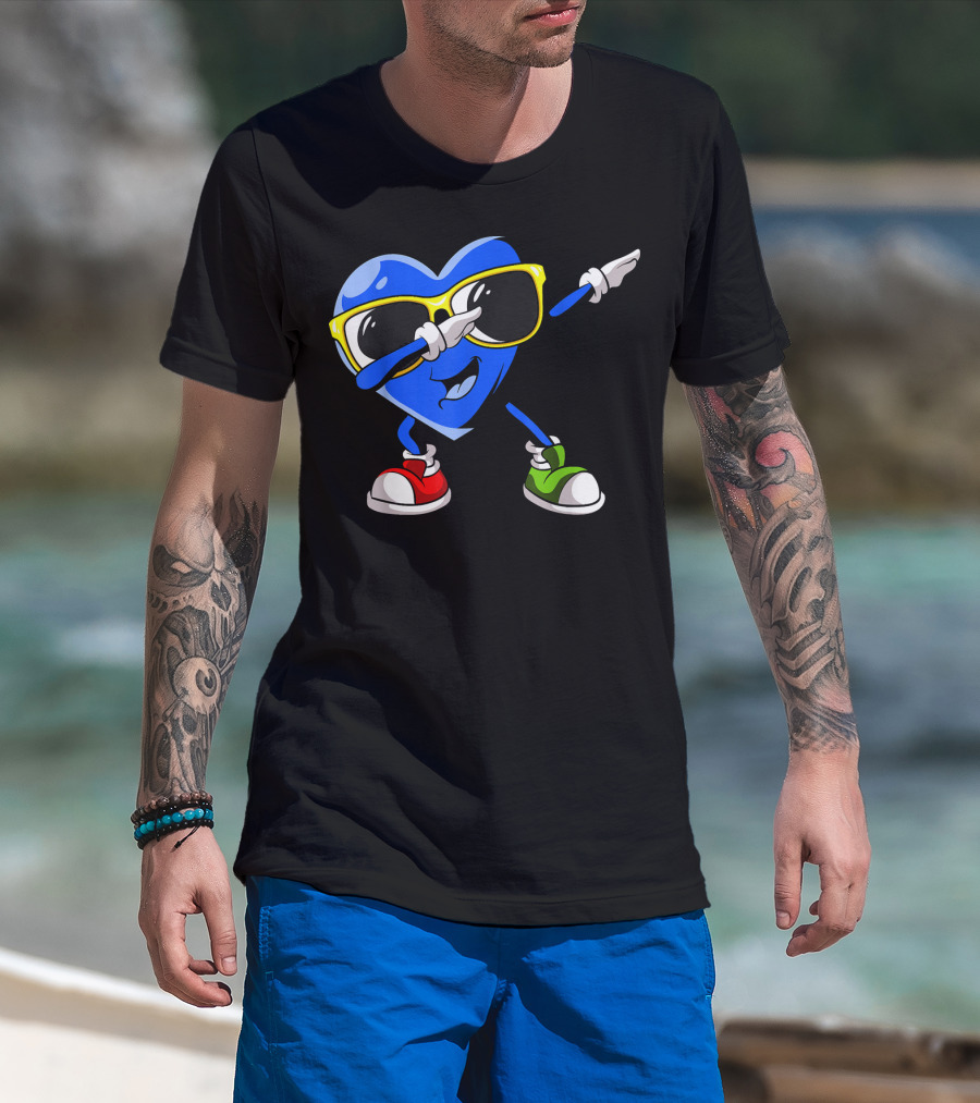Autism Awareness Dabbing Blue Heart With Sunglasses In Red And Green Sneakers T-Shirt