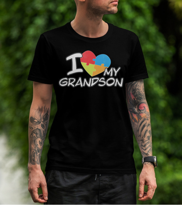 I Love My Grandson Puzzle Heart Autism Awareness T-Shirt
