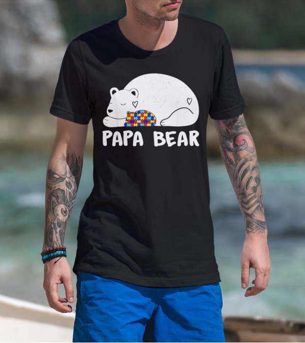 Papa Bear Autism Awareness Puzzle Heart T-Shirt
