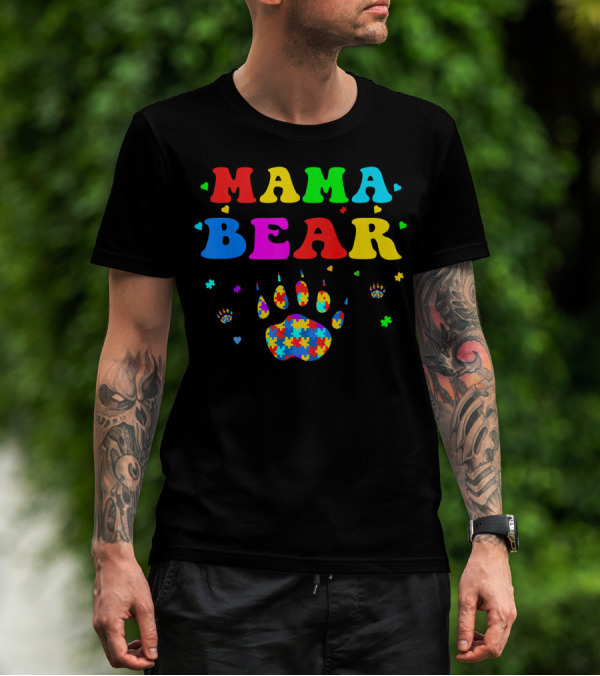 Mama Bear Autism Awareness Paw Puzzle Pieces T-Shirt