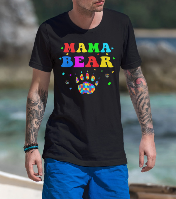 Mama Bear Autism Awareness Paw Puzzle Pieces T-Shirt