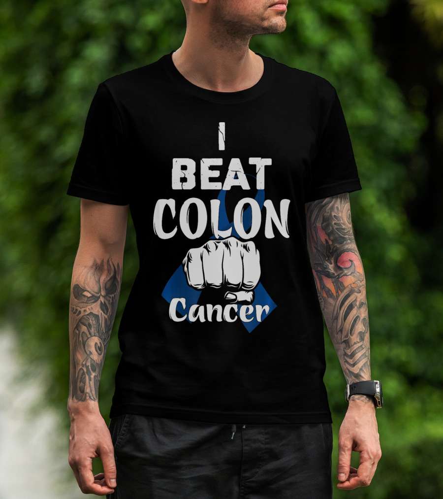 I Beat Colon Cancer Fist Blue T-Shirt