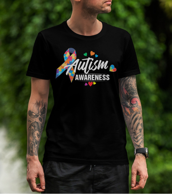 Autism Awareness Puzzle Ribbon Hearts T-Shirt