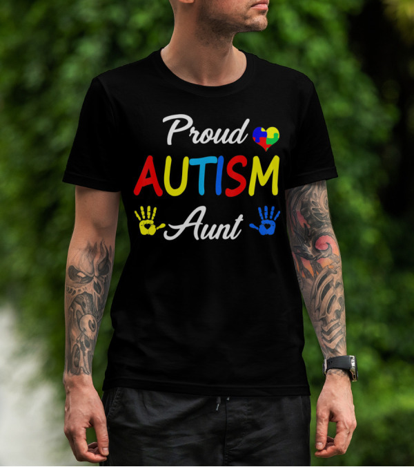 Proud Aunt Autism Awareness Family Handprint Heart Puzzle T-Shirt
