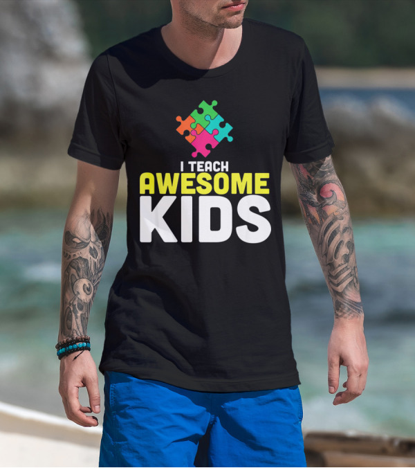 I Teach Awesome Kids Autism Awareness Teacher Puzzle T-Shirt
