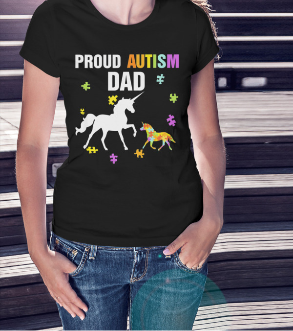 Proud Autism Dad Unicorn Puzzle Autism Awareness T-Shirt