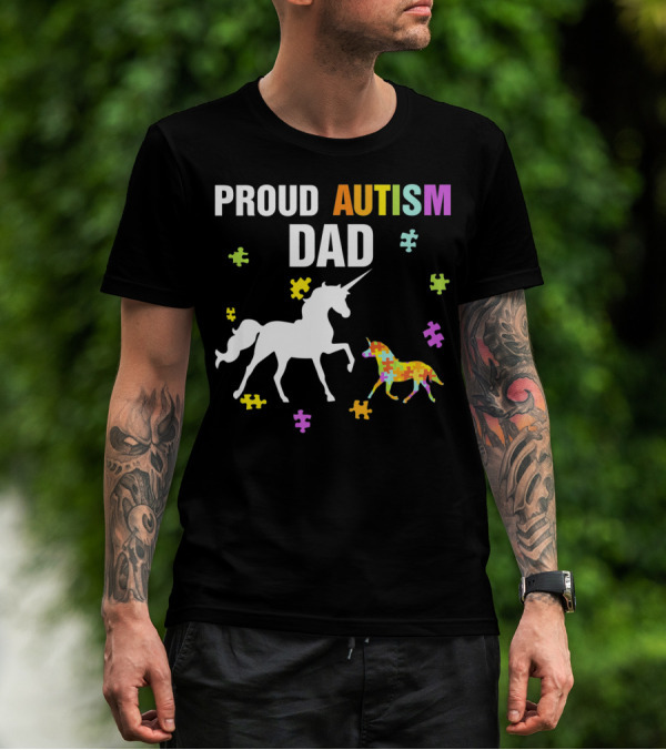 Proud Autism Dad Unicorn Puzzle Autism Awareness T-Shirt