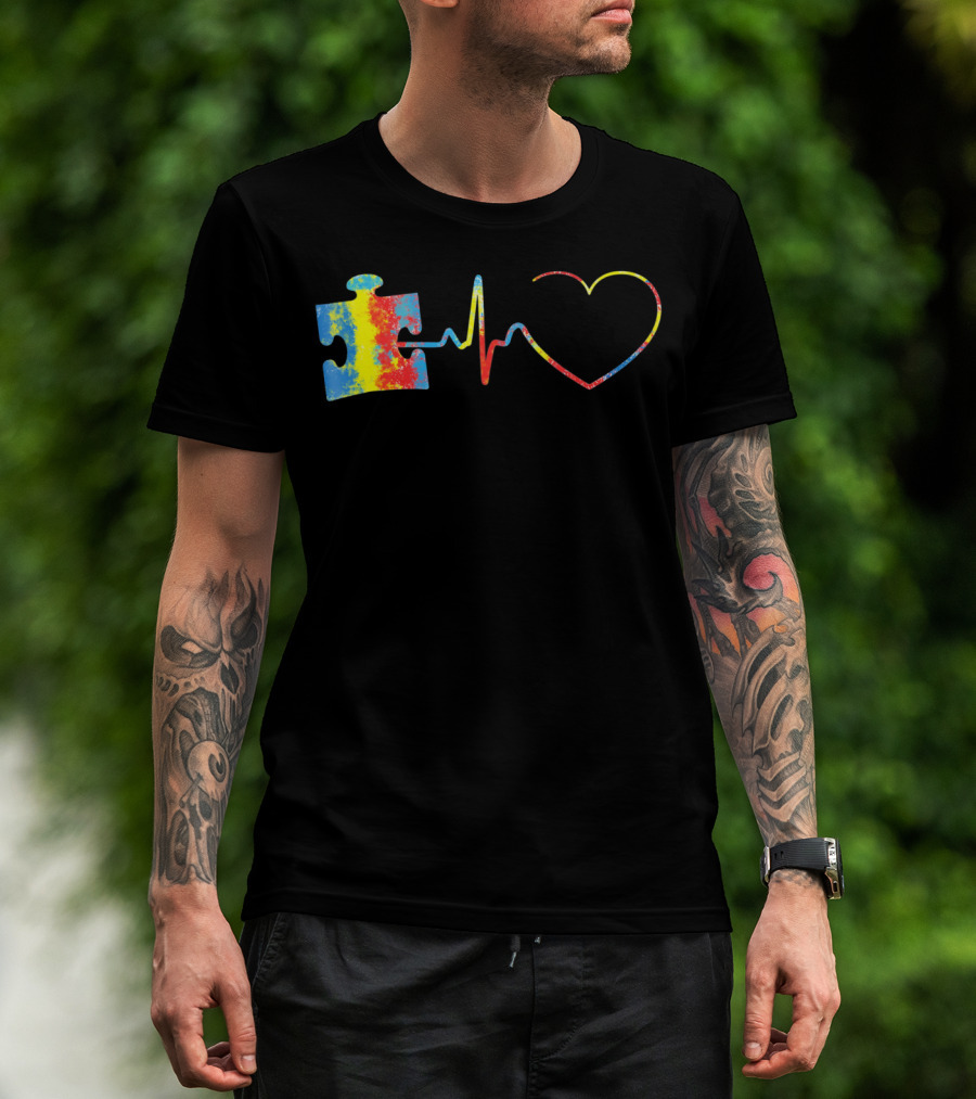 Autism Awareness Puzzle Piece With Colorful Heartbeat Line T-Shirt