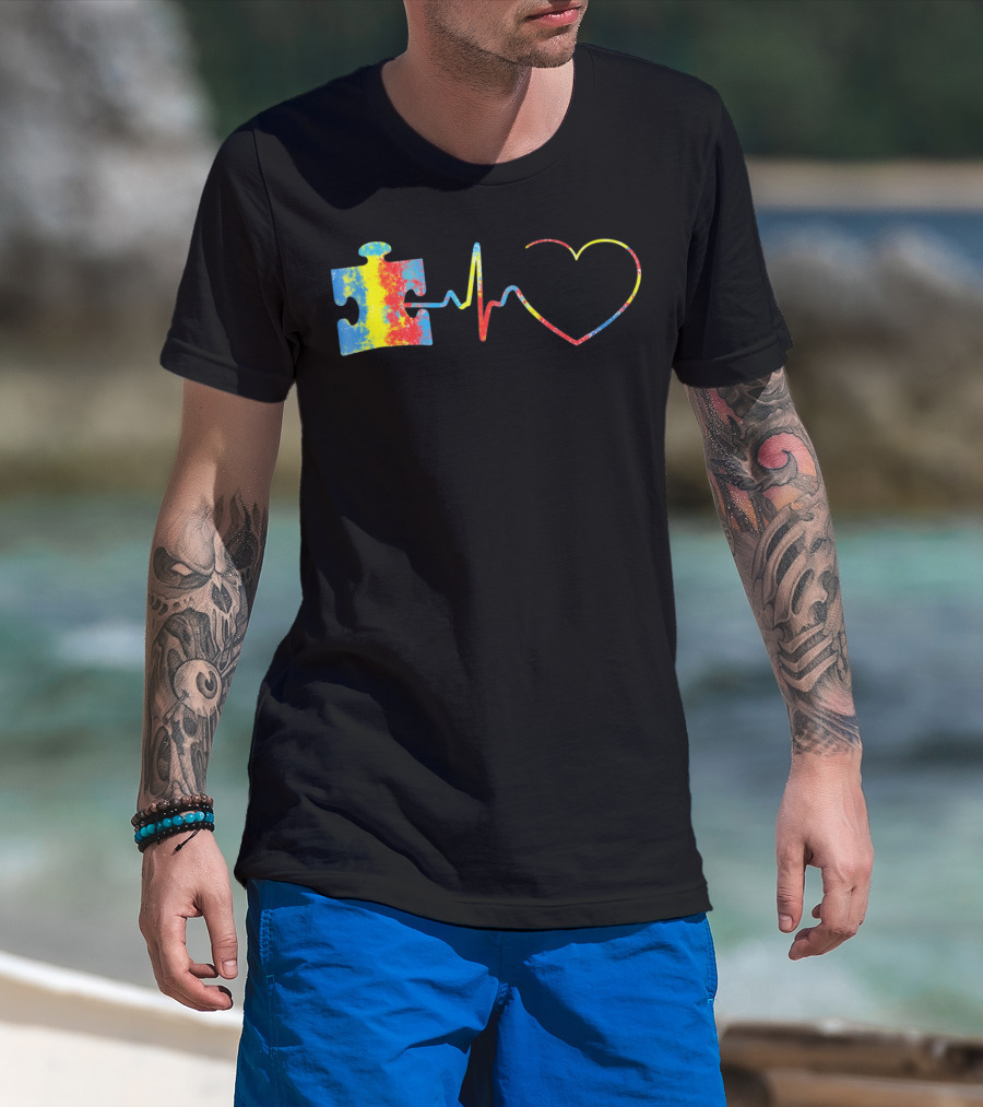 Autism Awareness Puzzle Piece With Colorful Heartbeat Line T-Shirt