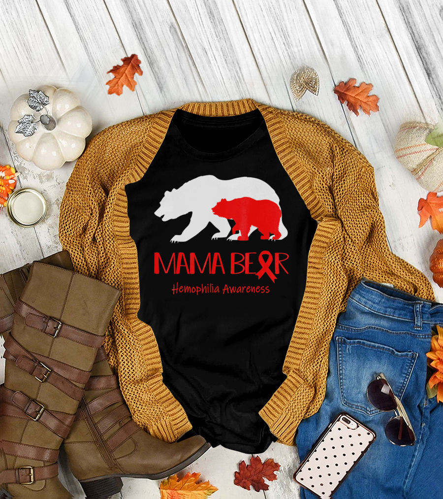 Mama Bear Hemophilia Awareness Red Ribbon Bears T-Shirt