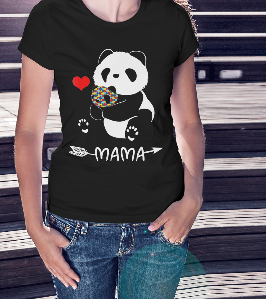 Mama Panda Bear Autism Awareness Heart Puzzle Support T-Shirt