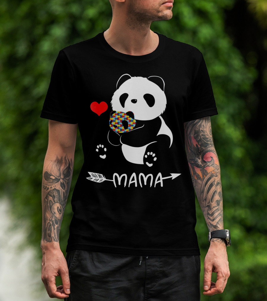 Mama Panda Bear Autism Awareness Heart Puzzle Support T-Shirt