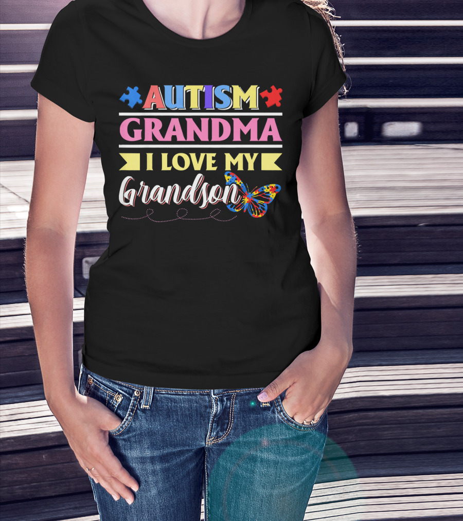 Autism Grandma I Love My Grandson Colorful Puzzle Butterfly T-Shirt