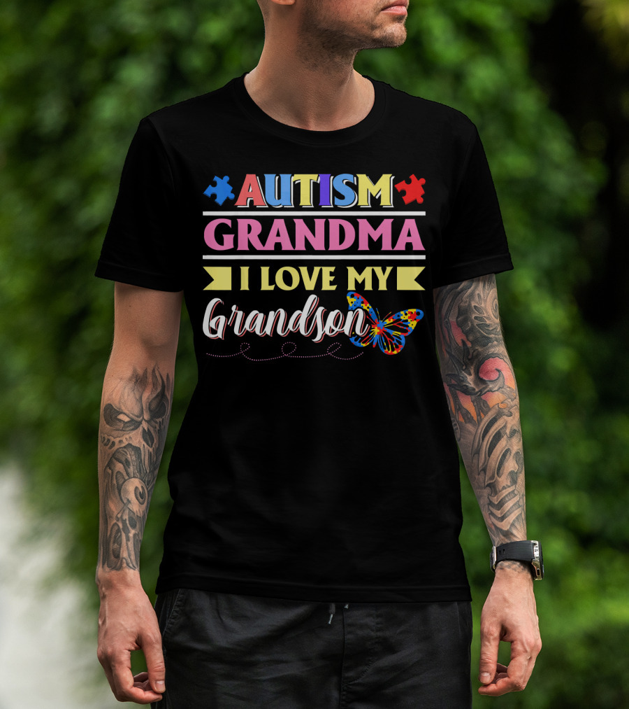 Autism Grandma I Love My Grandson Colorful Puzzle Butterfly T-Shirt