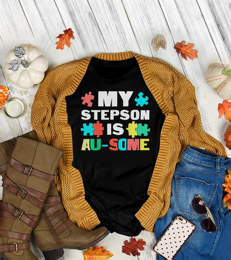 My Stepson Is Au-Some with Autism Puzzle Pieces T-Shirt