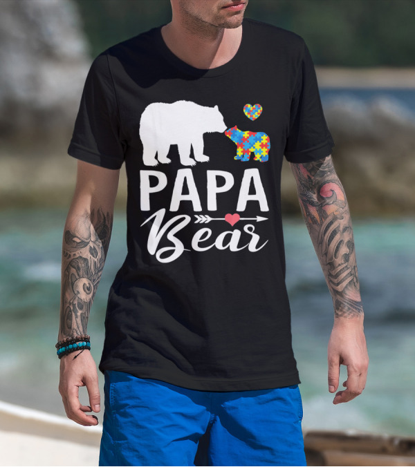 Papa Bear Autism Awareness Love Puzzle Heart Bear T-Shirt