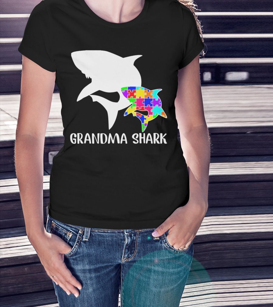 Grandma Shark Autism Awareness Puzzle Shark T-Shirt
