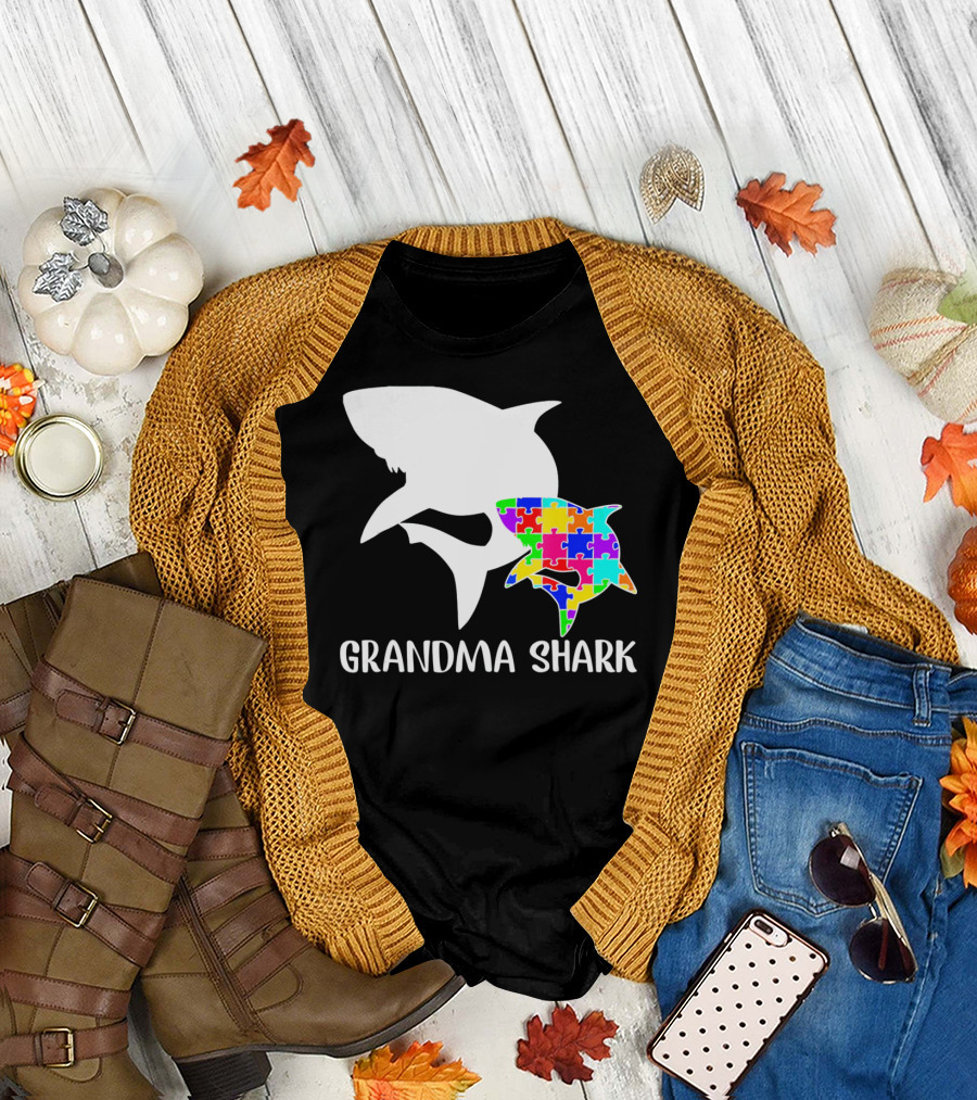 Grandma Shark Autism Awareness Puzzle Shark T-Shirt