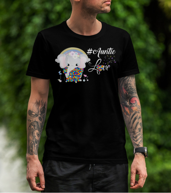 Auntie Love Autism Awareness Elephant With Colorful Puzzle Pattern And Rainbow T-Shirt