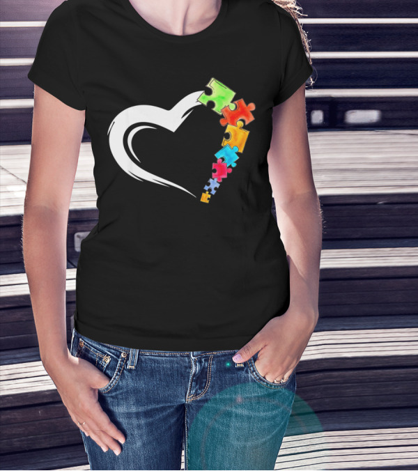 Autism Awareness Love Heart With Colorful Kind Puzzle Pieces T-Shirt