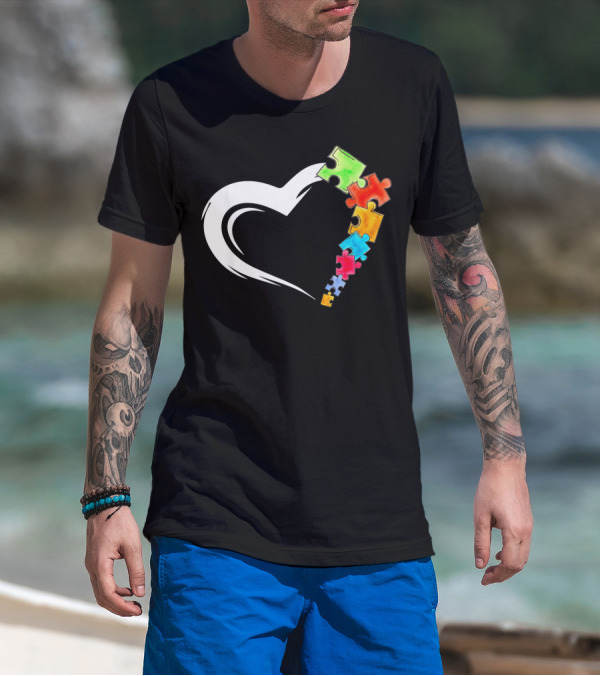 Autism Awareness Love Heart With Colorful Kind Puzzle Pieces T-Shirt