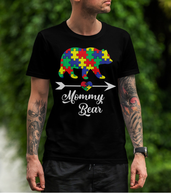 Mommy Bear With Puzzle Heart Autism Awareness T-Shirt