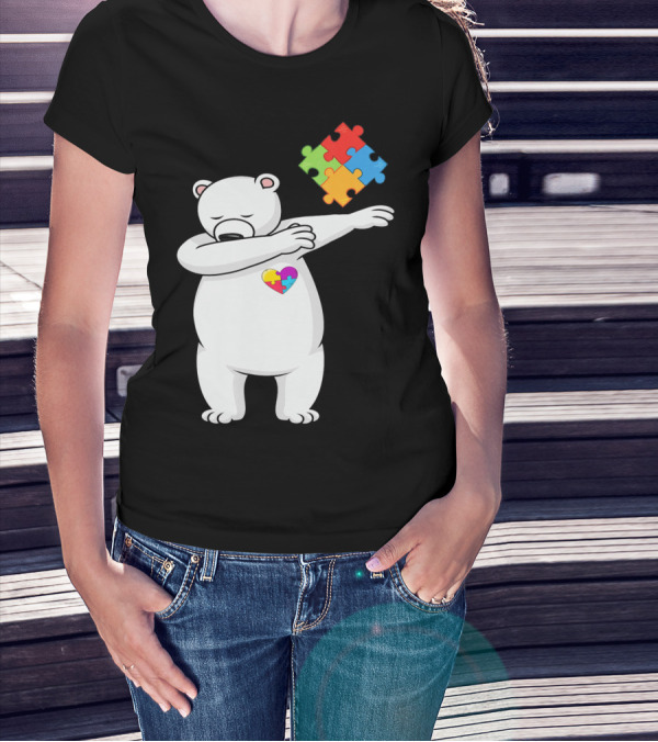 Dabbing Polar Bear Puzzle Piece Heart Autism Awareness T-Shirt