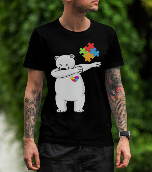 Dabbing Polar Bear Puzzle Piece Heart Autism Awareness T-Shirt