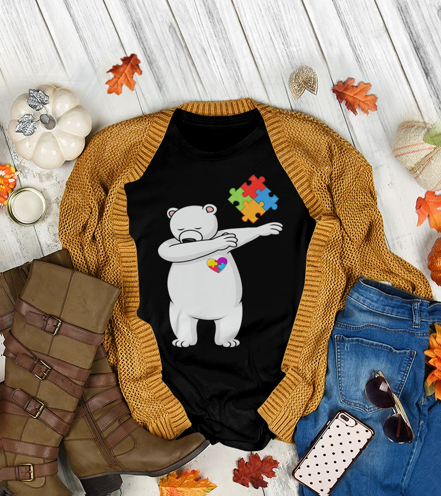 Dabbing Polar Bear Puzzle Piece Heart Autism Awareness T-Shirt