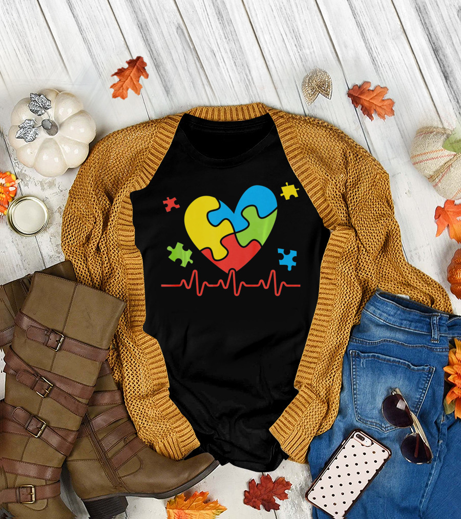 Autism Awareness Heart Puzzle Piece with Heartbeat Line T-Shirt