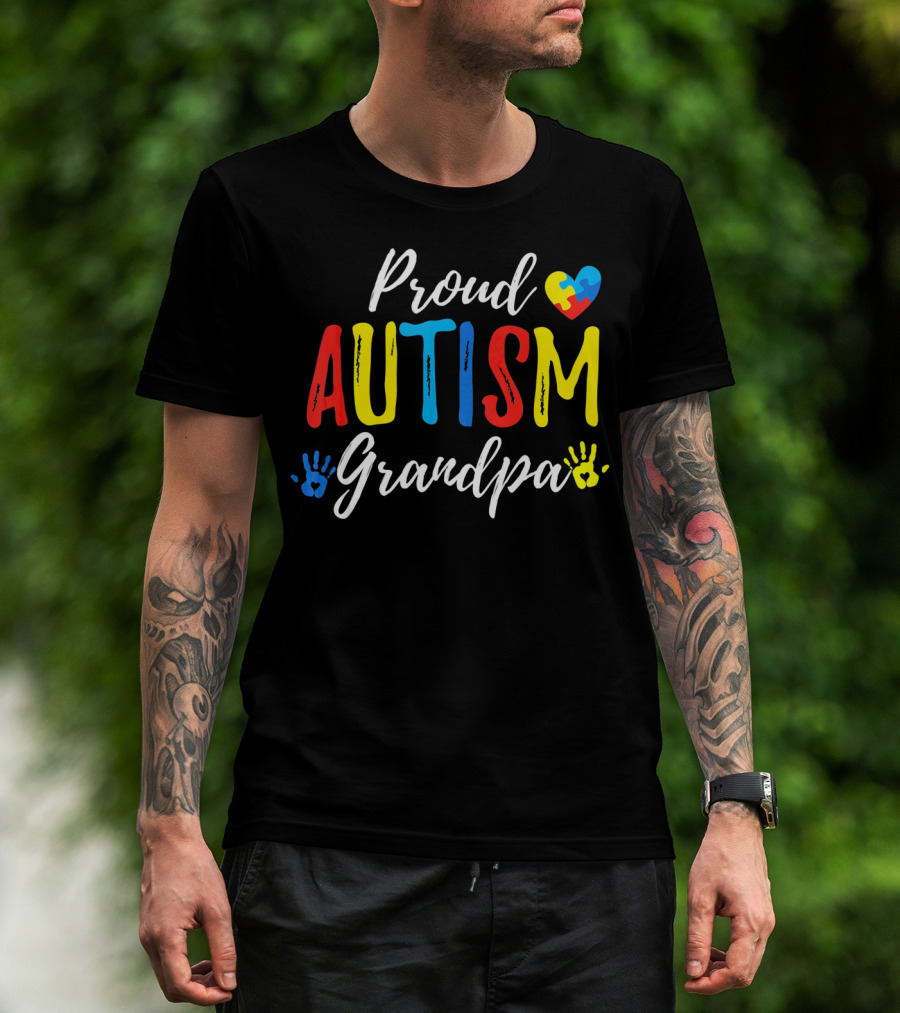 Proud Grandpa Autism Puzzle Heart Handprints T-Shirt