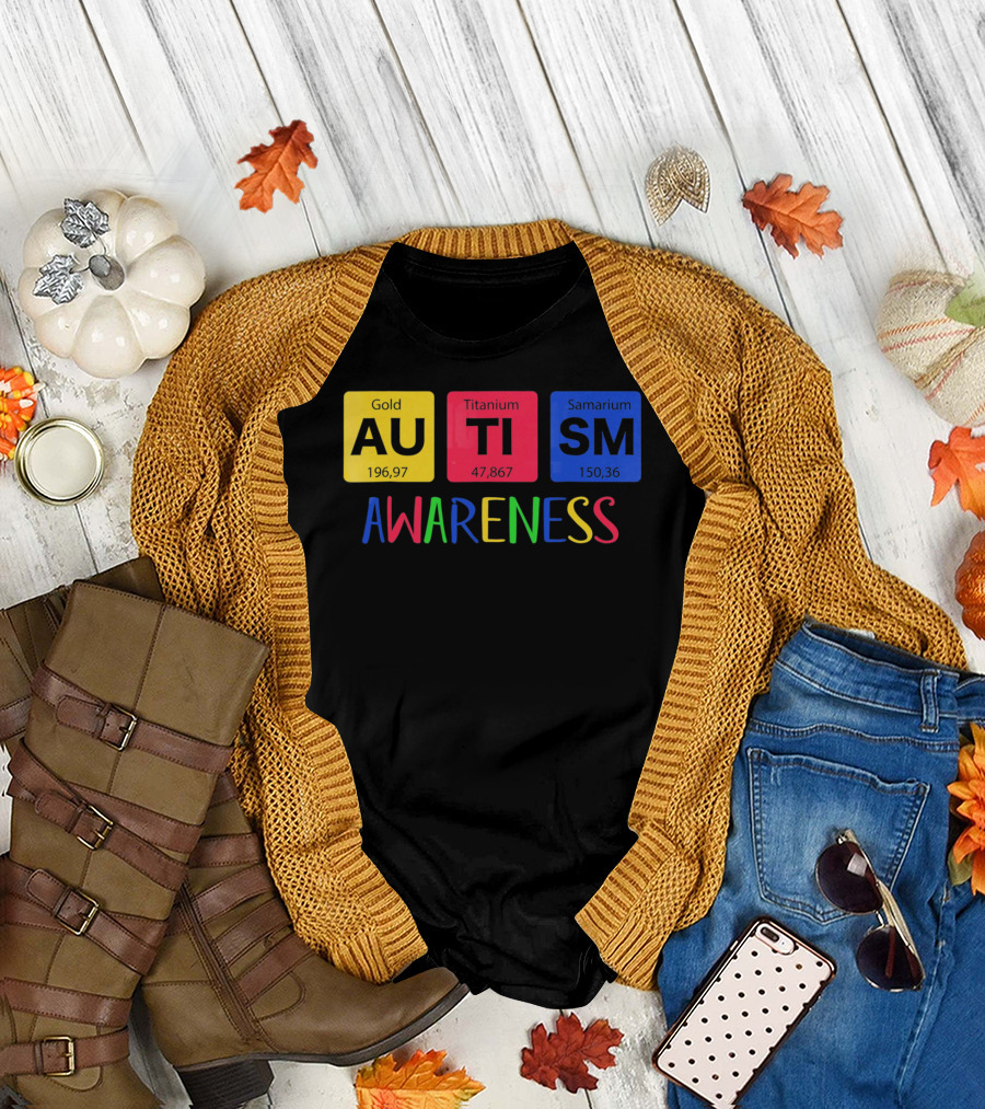 Autism Awareness Gold Titanium Samarium Periodic Elements T-Shirt