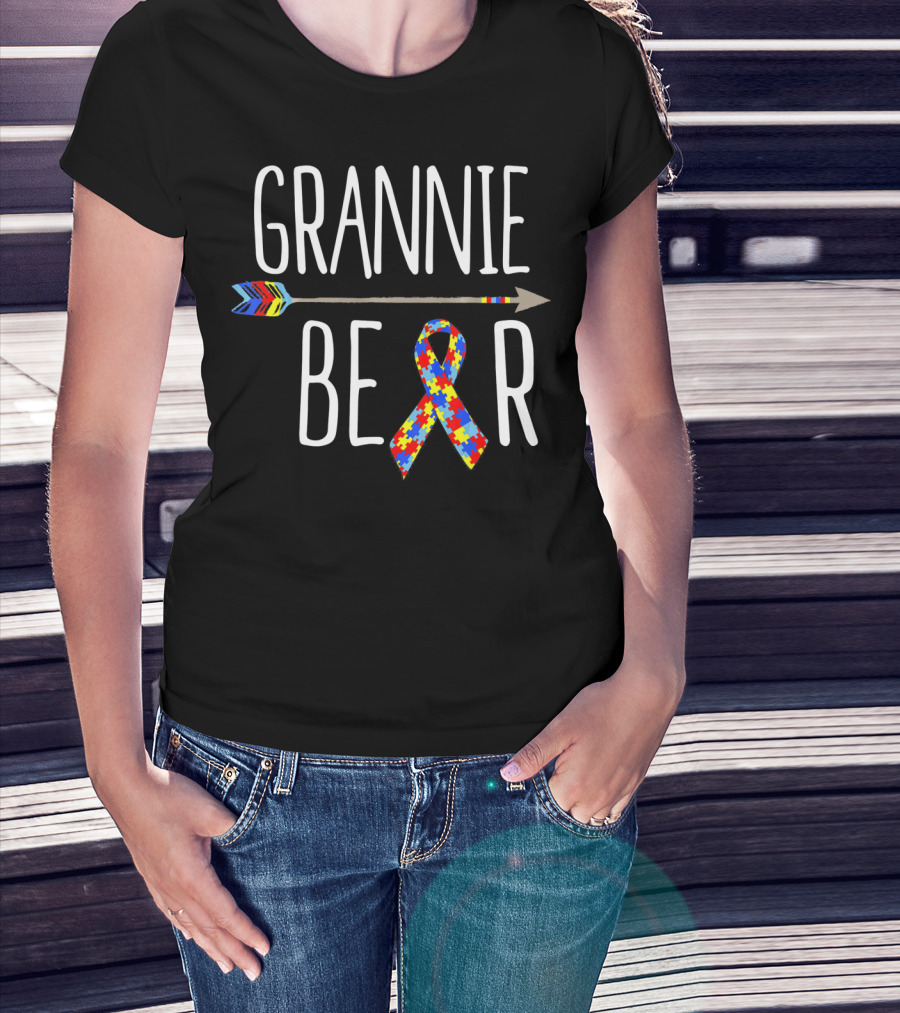 Grannie Bear Autism Awareness Puzzle Ribbon And Colorful Arrow T-Shirt