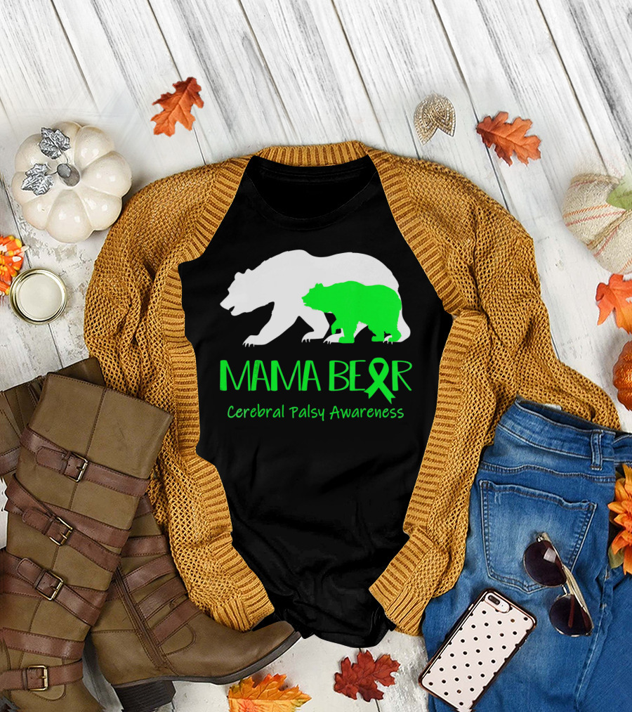 Mama Bear Cerebral Palsy Awareness Green Ribbon Bears T-Shirt