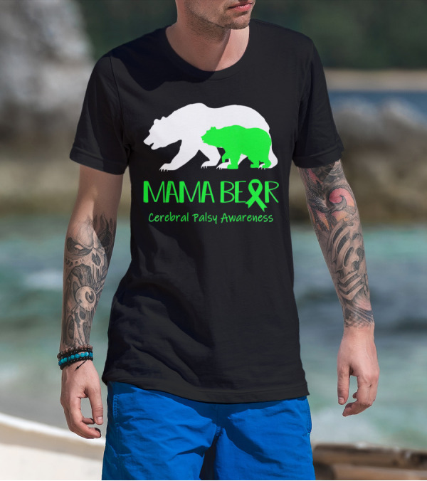 Mama Bear Cerebral Palsy Awareness Green Ribbon Bears T-Shirt
